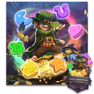 Lucky Leprechaun striking a dance move on top of his pot of gold with his charms swirling around him.