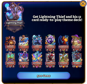 Display showing the Lightning Thief theme deck's cards. It costs 500 gems to unlock