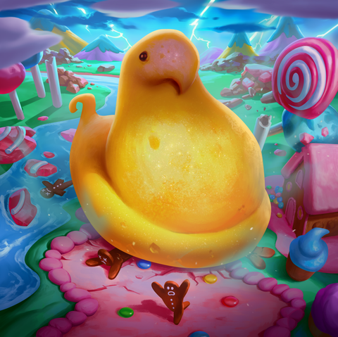 A giant yellow marshmellow chick on landscape of candy.