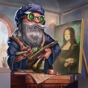 Skippy dressed as leonardo da vinci and painting the mona lisa