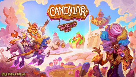 A bustling candy cityscape with Cotton Candy Dandy, The Candyman and other Candylar characters spotlighted. A wooden placard reads Candylar the Sweet Set.