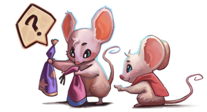 Two mice trying to figure out which hat they like best