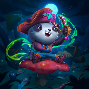 A panda dressed as a pirate with a candy cane sword.