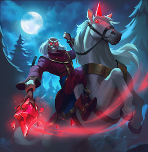 A mage riding a white unicorn, his staff and the unicorn's horn glowing red.