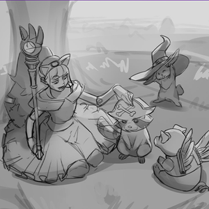 This art is an unfinished sketch of an animal themed princess surrounded by woodland critters wearing different hats.