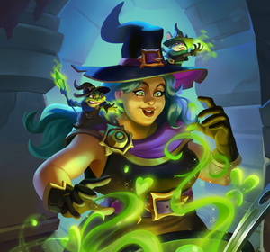 A witch standing above a cauldron with two frog witches standing on her shoulders casting spells. Heart shaped green smoke raises from the cauldron.