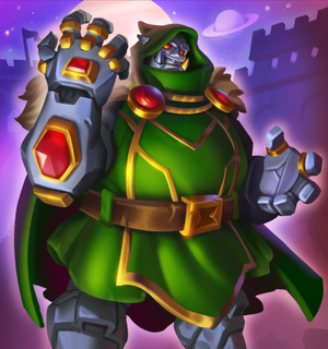 Chief Evil Officer dressed up in a metal mask and looking like Dr. Doom