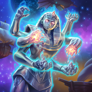 A giant silver monster with six arms, wearing an egyptian crown. It is collecting silver from passing ships and making silver coins to pass to other ships.