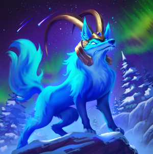 A blue wolf standing beneath the northern lights wearing a long horned crown