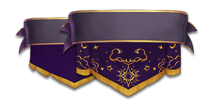 Two Captain-card nameplates (without names), with flowing banners attached below them. One banner is red and more plainly styled, while the other is purple and ornately decorated.