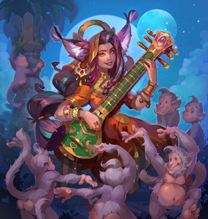 Melody the bard performing for dancing monkeys.